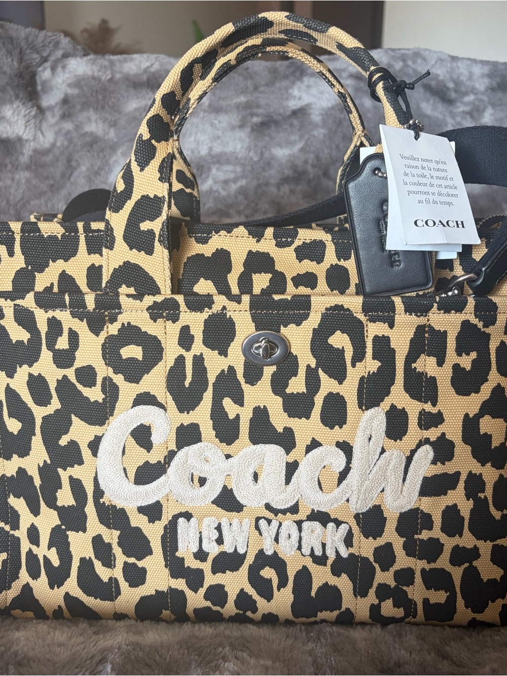 Coach Leopard Print Canvas Tote in Tan and Black with Embroidered Logo